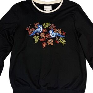 Alfred Dunner Black Embroidered Blue Birds Sweatshirt S Petite Cozy Fall‎ Laye